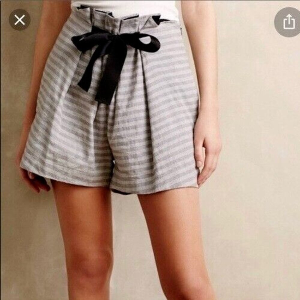 ANTHROPOLOGIE ELEVENSES Paper Bag Shorts Size 4 High Waisted Satin Bow Striped